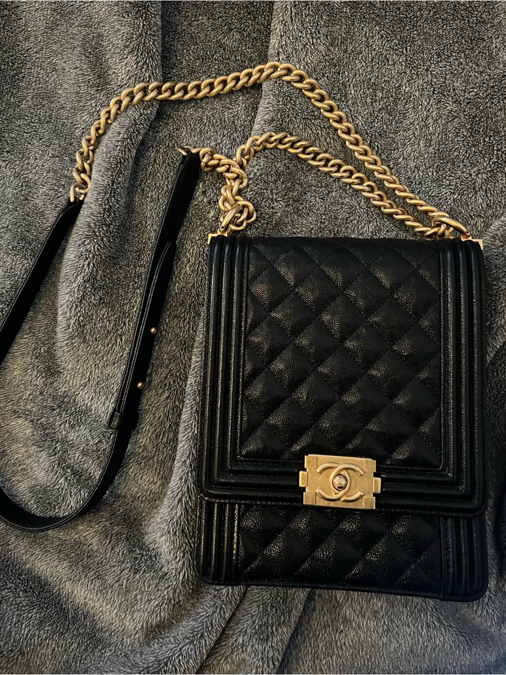 CHANEL Black Caviar North South Boy Flap Bag